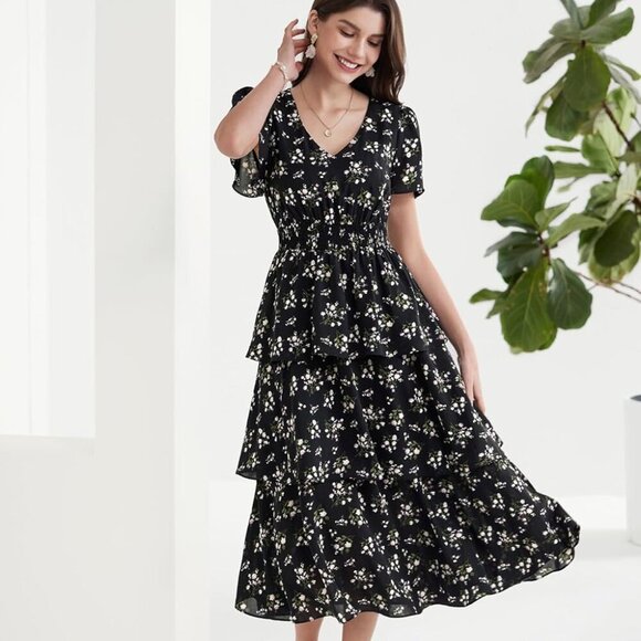 Women's 2025 Floral Summer Long Midi Dress V Neck Short Sleeve Ruffle Tiered Lay - Picture 5 of 5